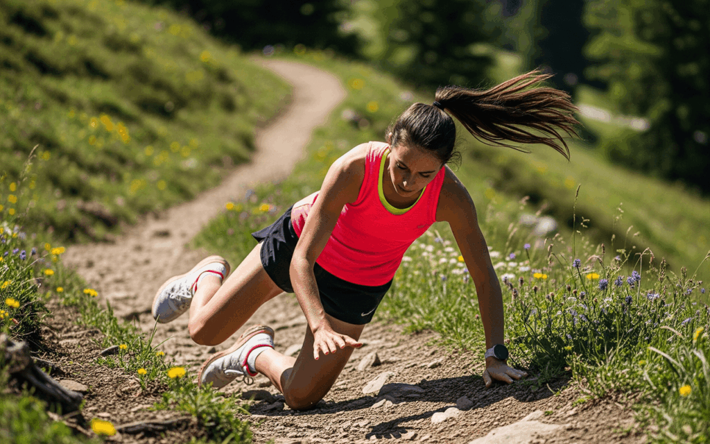 average runner falling down on a trail